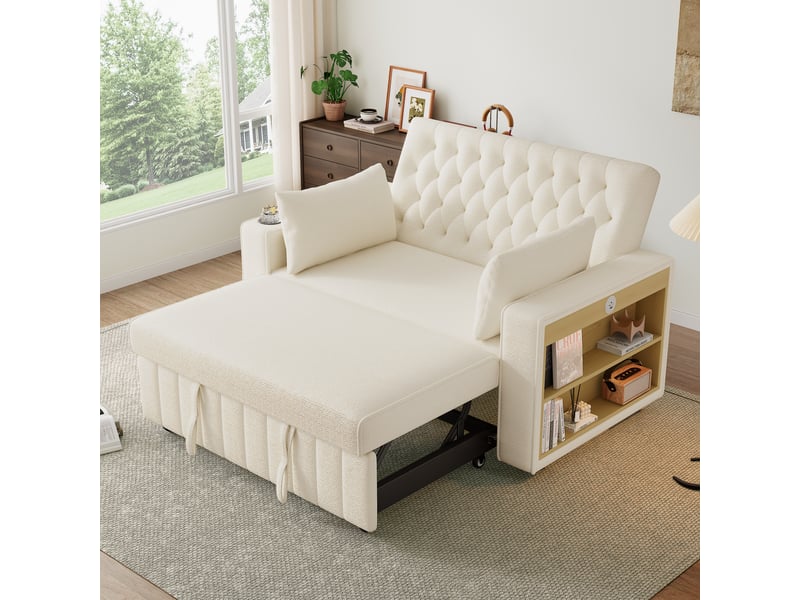Canapé lit convertible 2 places en chenille avec rangement, dossier réglable 3 positions, usb, porte-gobelet et étagère latérale - beige - Conforama B