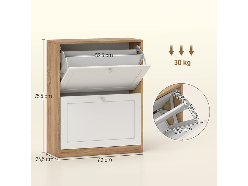  Meuble à chaussures étroit avec 2 portes et étagères réglables pour 12 paires de chaussures en bois naturel et blanc  - Conforama C