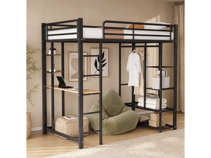 Lit mezzanine 90x200 cm avec bureau, rangement et penderie simple noir - Conforama D