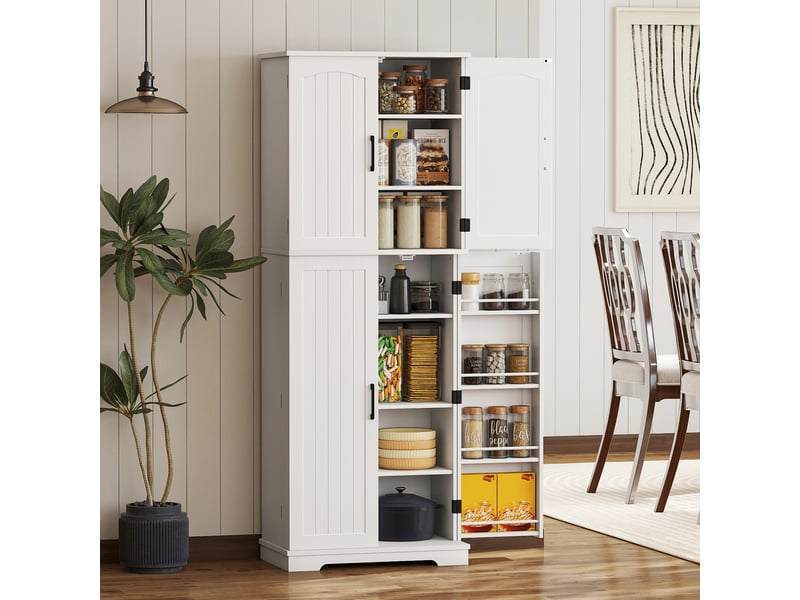  Buffet haut cuisine, armoire de cuisine, 4 portes, 10 niches, 8 porte-épices et étagères réglables, 60x35x162cm, blanc  - Conforama D