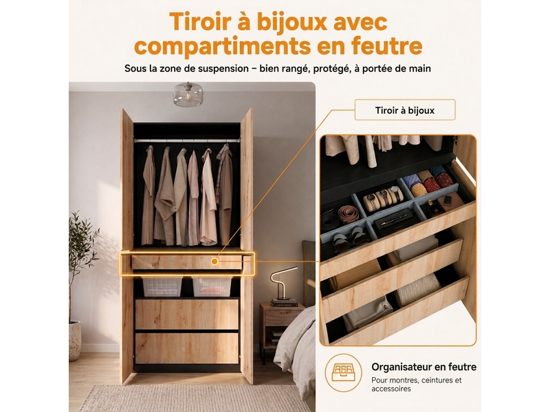  Vestiaire d'entrée avec miroir et led, armoire penderie 135 cm, 5 tiroirs, finition chêne  - Conforama R