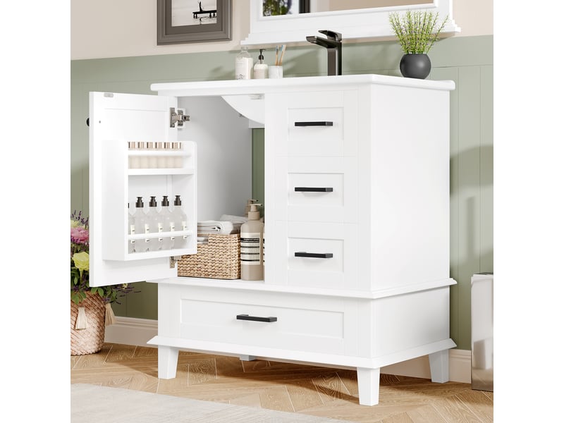  Meuble sous vasque avec 1 porte, 3 tiroirs et lavabo en céramique pour salle de bain, en mdf, blanc, 76×46×83,5 cm  - Conforama B