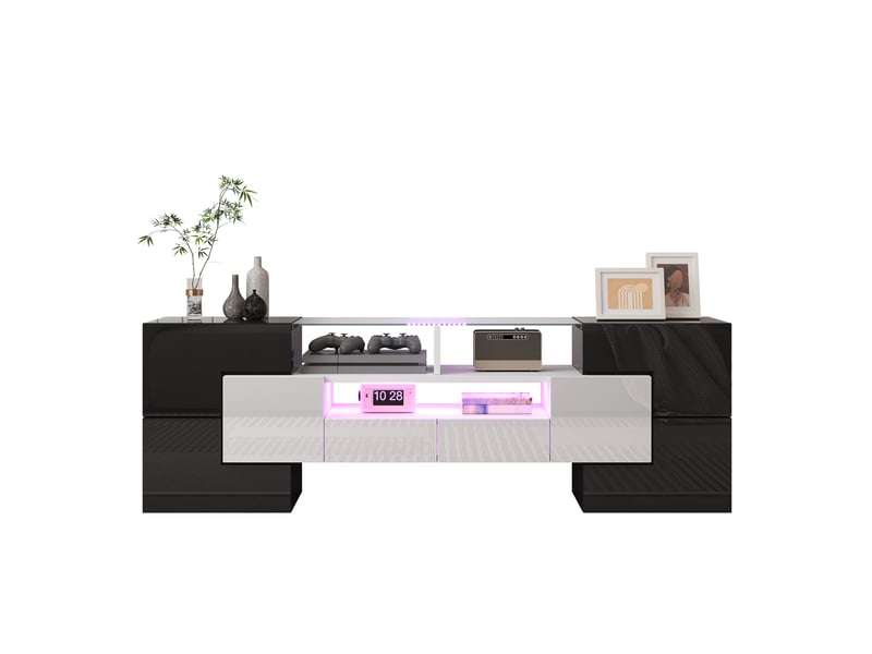  Meuble tv avec 6 portes, 2 tiroirs et 3 niches led pour salon 145×30×51 cm blanc et noir  - Conforama A