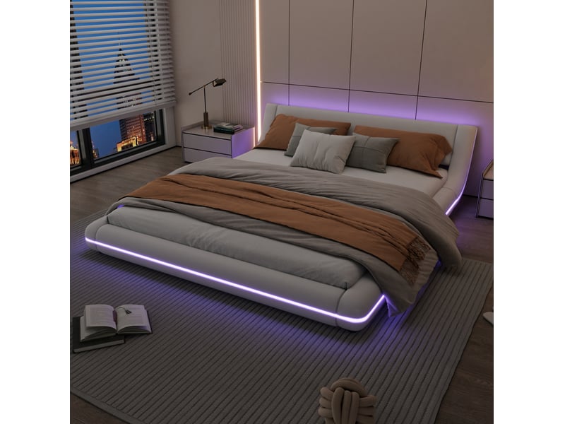  Lit 2 places 160x200 cm à poser au sol avec led réglables blanc  - Conforama D