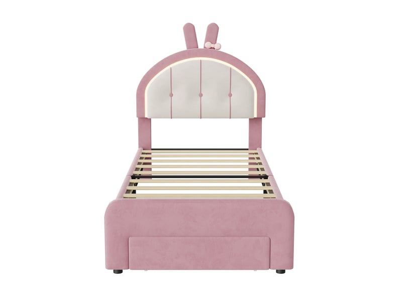  Lit simple 90x200 cm avec 1 tiroir et led, lit enfant capitonné en velours, tête de lit oreilles de lapin réglable et sommier, rose  - Conforama A