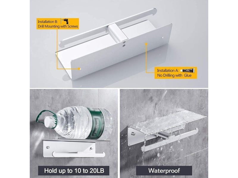 Porte papier toilette mural aluminium double argent, support hygiénique avec plateau rangement sans perçage - Conforama B