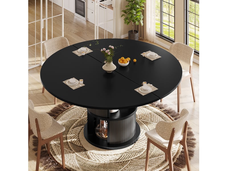  Table à manger ovale extensible 118-158x118x77 cm avec rangement, noire  - Conforama W
