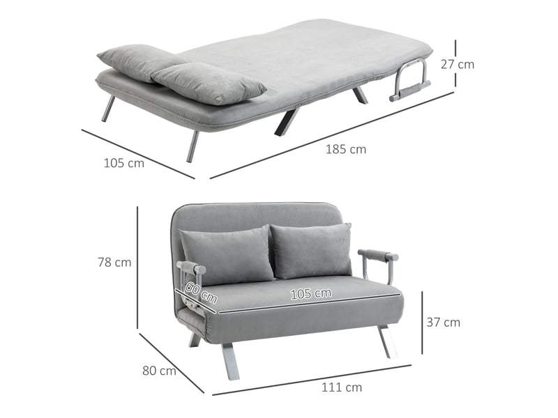 Canapé convertible 2 places avec dossier réglable à 5 positions, coussins et structure métallique en polyester gris clair - Conforama C