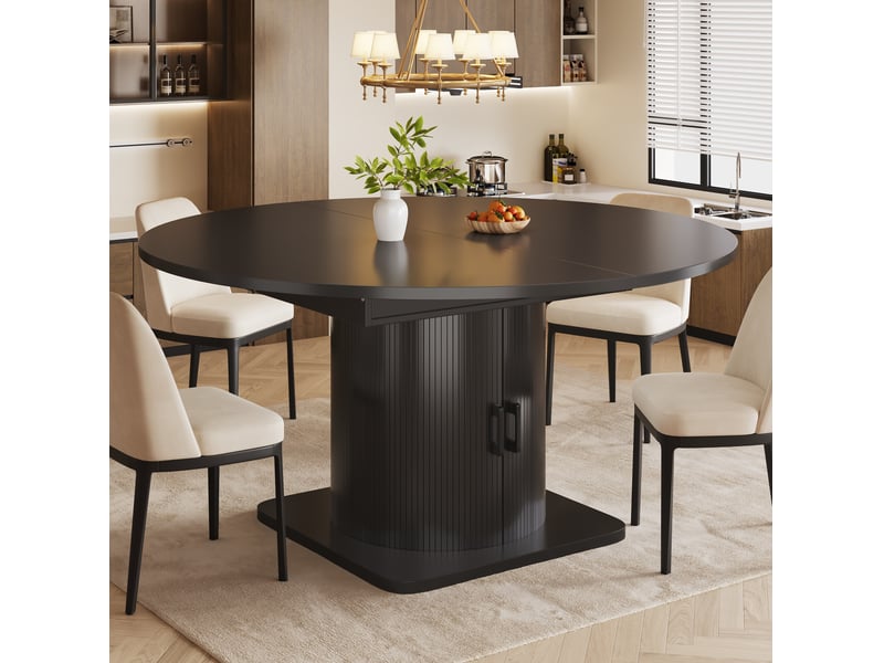 Table à manger extensible 118-158x118x76cm table de cuisine avec rangement, finition noire, dessus aggloméré, plateaux amovibles, cadre en métal - Conforama D