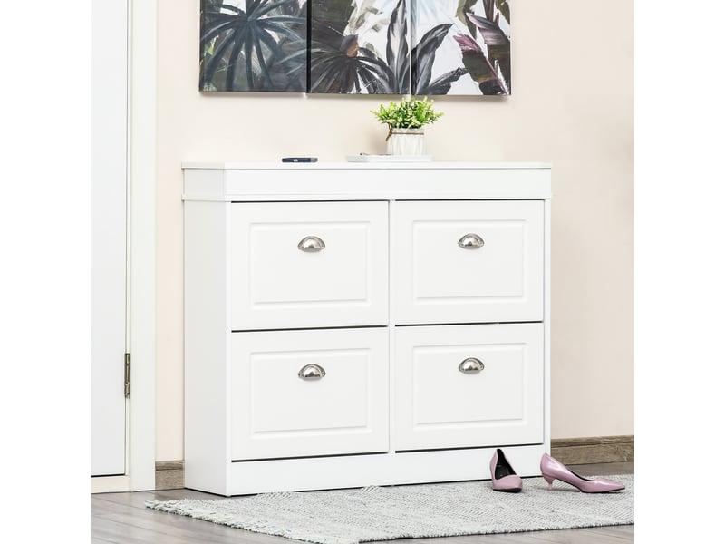  Armoire à chaussures meuble à chaussures rangement dim. 98l x 24l x 83h cm 4 portes abattantes double niveau mdf blanc  - Conforama B