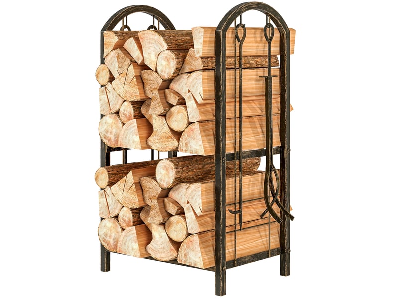  Porte-bûches intérieur 2 niveaux avec 4 outils de cheminée, métal, 43 x 30 x 74 cm  - Conforama B