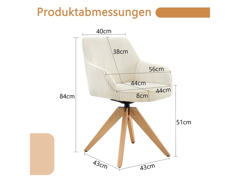 Chaise de salle à manger lot de 2 pivotante avec accoudoirs, assise en velours crème, pieds en bois massif, hauteur 84 cm  - Conforama D