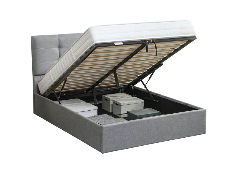Lit coffre 140x190 capitonné gris avec tête de lit rembourrée et rangement sous sommier - Conforama A