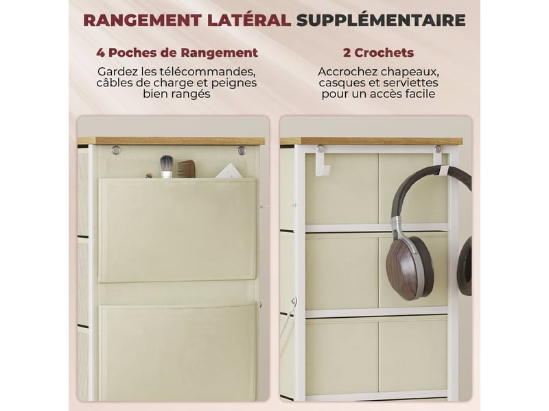  Commode 5 tiroirs en tissu, meuble de rangement avec 4 poches, 2 crochets, structure en acier, 45 x 30 x 94,5 cm, beige  - Conforama E