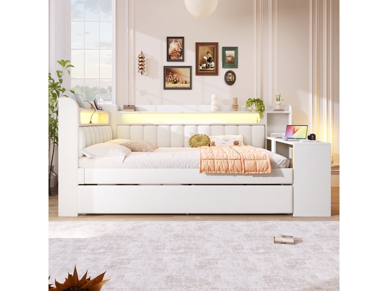  Lit gigogne 140x200 cm coloris blanc led mdf lit enfant blanc - Conforama D