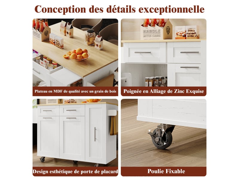  Îlot central de cuisine 110 x 4674 x 90.5 cm, avec plateau rabattable, étagères de rangement et roulettes, blanc  - Conforama E