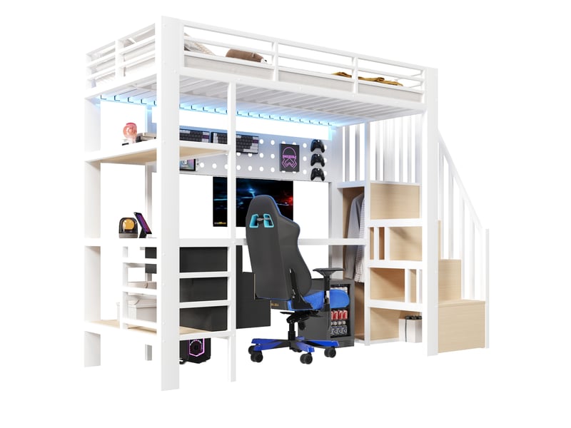  Lit mezzanine 90 × 200 cm 1 place avec 3 tiroirs, étagères, bureau, prise et led réglable, sans matelas, blanc  - Conforama E