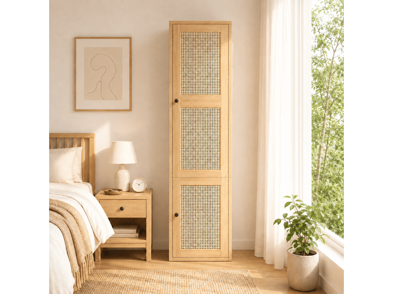  Armoire étroite 45 x 47 x 200 cm avec 1 porte, 1 penderie et 3 tiroirs, façade en cannage rotin, meuble moderne à porte battante pour chambre, salon ou entrée OPULERANE TRADING LTD - Conforama E
