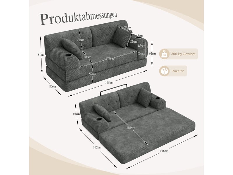 Canapé convertible, canapé-lit, 2 places, en velours, gris foncé, poches latérales, structure métallique, porte-gobelets - Conforama R
