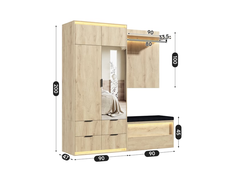  Armoire de penderie 180x47x200 cm, vestiaire d'entrée complet avec miroir et banc rembourré, avec éclairage led, en mdf, chêne  - Conforama E