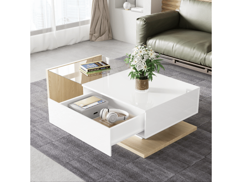  Table basse blanc brillant et bois - ensemble table d'appoint et table basse en verre avec led  - Conforama E