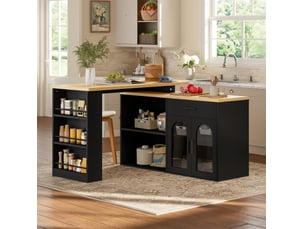 Îlot de cuisine fixe avec plateau pivotant à 360 degrés, 2 portes vitrées, tiroir et étagères, 136 × 50 × 78 cm