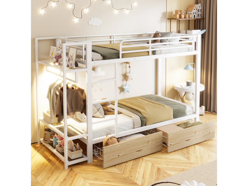  Lit superposé 90 x 200 cm, blanc, sans matelas, 2 tiroirs, étagères, led, penderie  - Conforama C