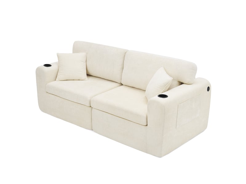  Canapé relax 2 places, canapé droit 220x100x89 cm, poche latérale, porte-gobelet, coussins inclus, en tissu chenille doux beige, pour petits espaces  - Conforama A