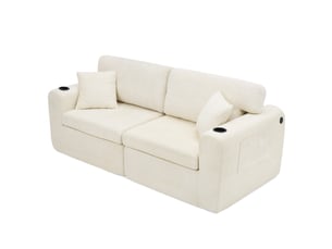 Canapé relax 2 places, canapé droit 220x100x89 cm, poche latérale, porte-gobelet, coussins inclus, en tissu chenille doux beige, pour petits espaces
