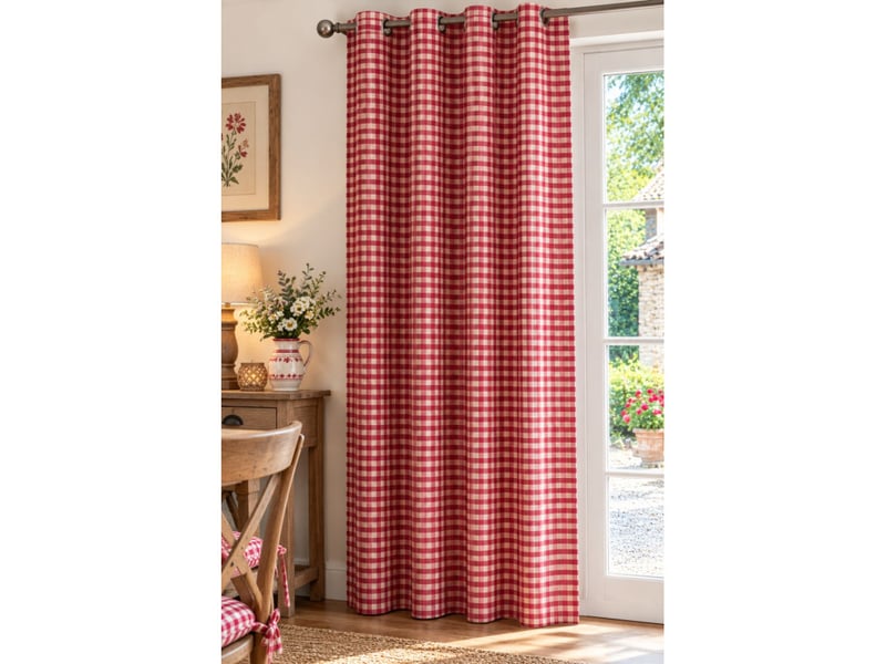  Rideau vichy rouge et écru à œillets – ambiance maison de campagne - 140x250cm - rouge bourgogne  - Conforama B