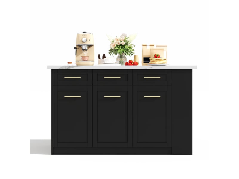 Îlot de cuisine 150 × 90 × 90 cm noir, mdf, plateau effet marbre blanc, table extensible 96 cm et nombreux rangements - Conforama A