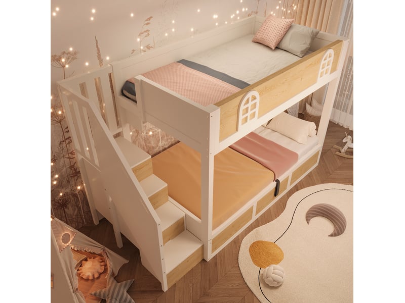  Modenvie lit superposé 90x200 cm - avec escalier de rangement et sommier inclus, sans matelas - blanc et naturel  - Conforama D