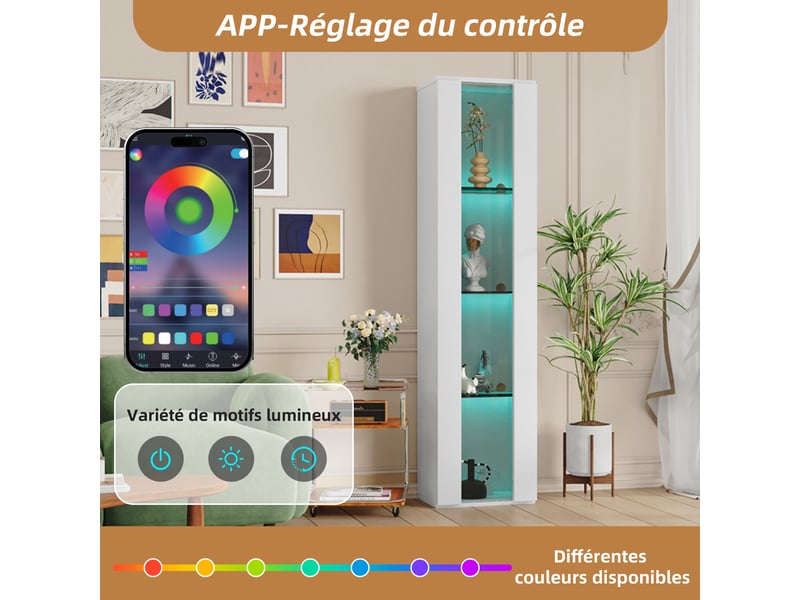 Vitrine blanche à 4 niveaux avec éclairage led connecté, 40 x 29 x 170 cm, panneaux acryliques - Conforama D