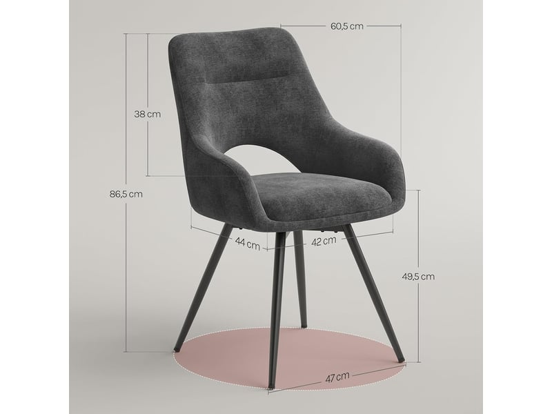  Lot de 6 chaise pivotante salle à manger, fauteuil en chenille, pieds métalliques, dossier creusé, gris foncé  - Conforama D