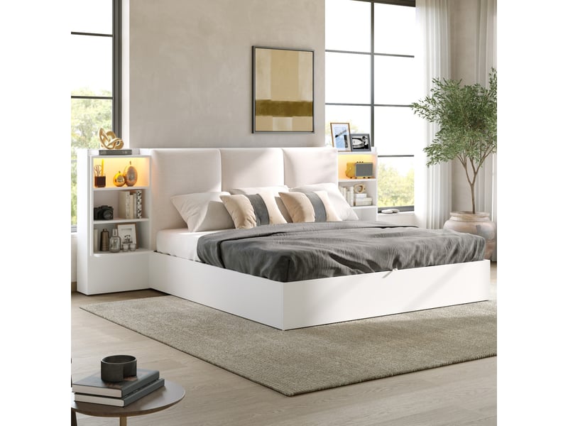  Lit coffre modenvie 180 x 200 cm avec tête de lit rembourrée, 6 compartiments de rangement, rangement hydraulique et éclairage led blanc  - Conforama D