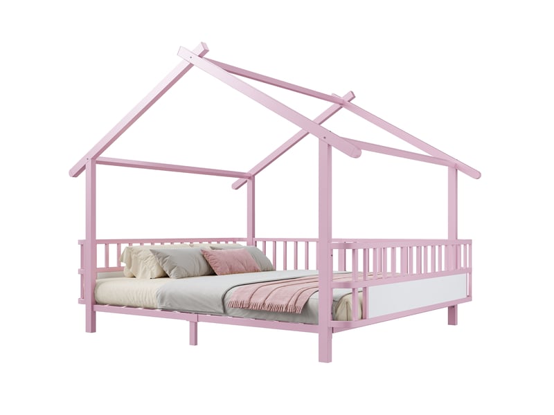  Lit enfant 140x200 cm structure maison, barrières de sécurité en métal rose  - Conforama A