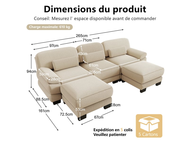  Canapé modulable 3 places en l 265x161x94 cm avec pouf velours côtelé beige  - Conforama C