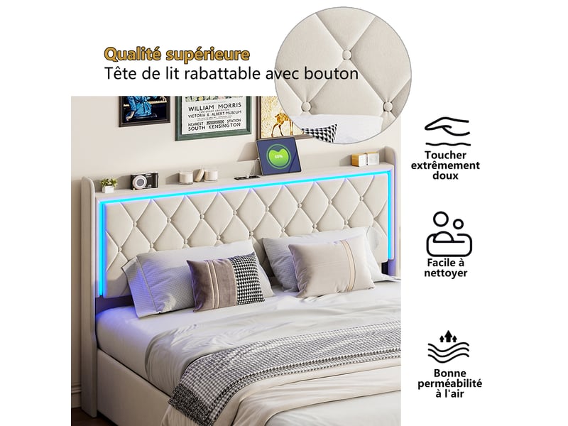 Lit coffre 140x190 avec led et usb, lit 2 places avec rangement lit double rembourré avec tête de lit capitonné lit hydraulique avec sommier à lattes lit 2 personnes beige velours, sans matelas - Conforama R
