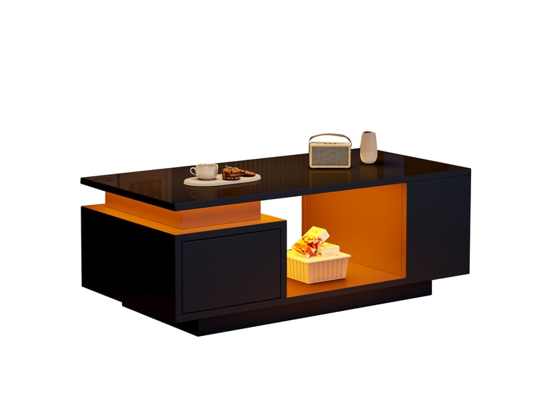 Table basse salon noir brillant avec led, tiroir espace de rangement et 4 compartiments, 100x50x36cm  - Conforama E