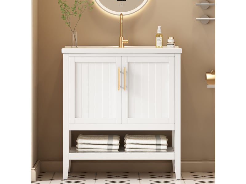 Meuble sous vasque avec lavabo en céramique et poignées, rangement ouvert sur pieds, salle de bain, mdf blanc - Conforama C
