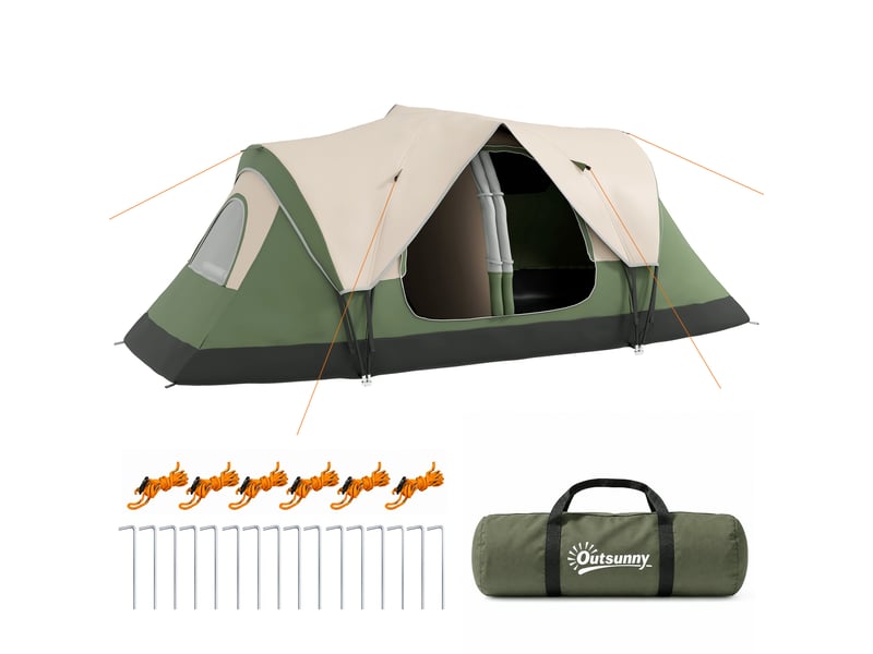  Tente de camping 3 personnes avec 2 chambres séparées, polyester et fibre de verre, 450 x 215 x 180 cm, vert foncé  - Conforama A