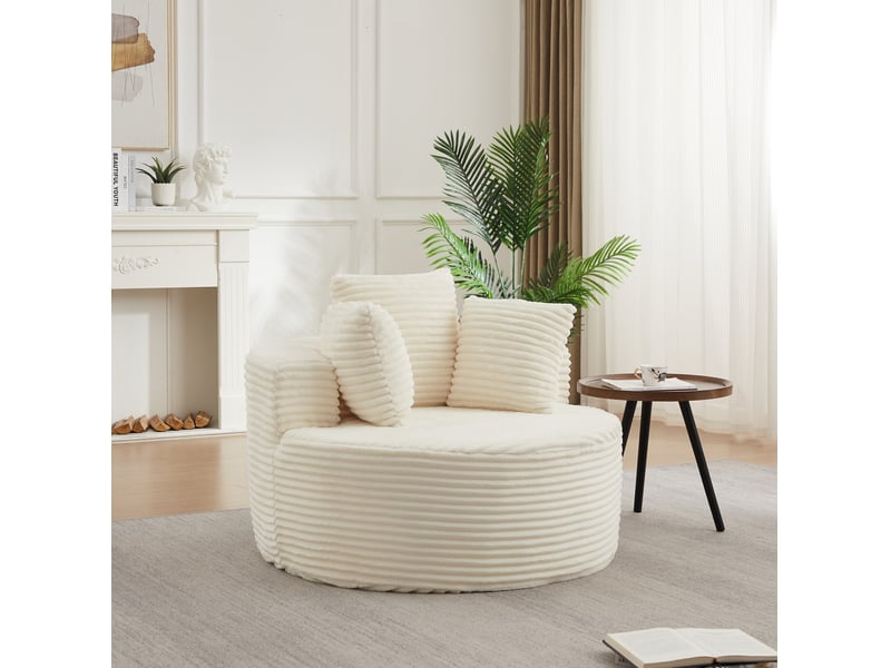  Fauteuil rond 1 place ø110 cm en velours côtelé beige avec 3 coussins  - Conforama D
