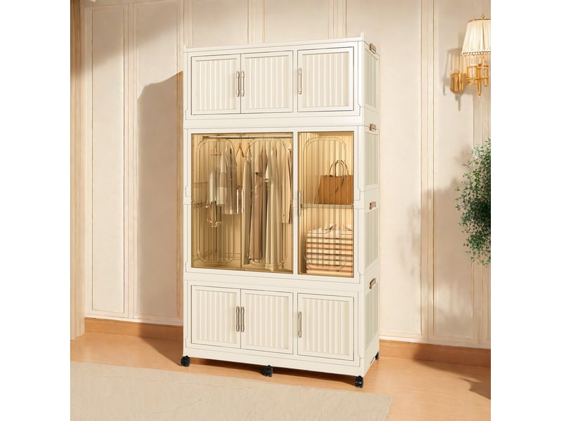  Armoire modulaire pliable,92x45x158 cm,9 portes et penderie,pp,beige  - Conforama B