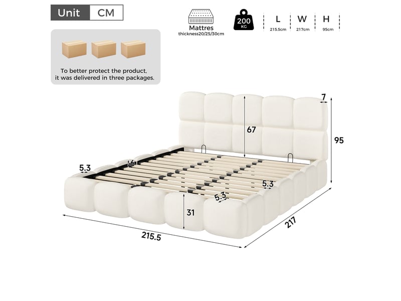 Lit coffre double 200x200 cm, lit capitonné en tissu bouclé blanc, sans matelas - Conforama C