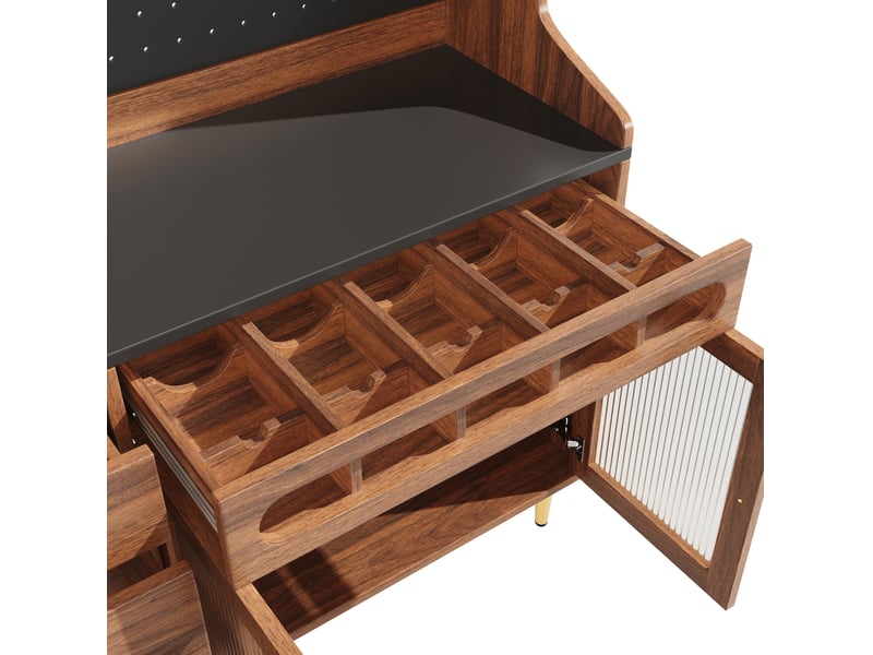  Haut meuble de cuisine 145x39x171 cm marron en mdf et verre, rangement réglable avec éclairage led  - Conforama E