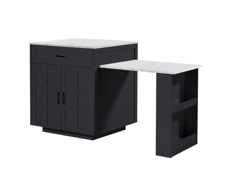 Table de bar extensible et îlot de cuisine avec rangement, plateau effet marbre, couleur noire élégante, 133-202x70x93.5cm - Conforama A