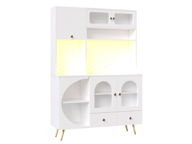  Buffet haut de cuisine blanc, meuble de rangement avec éclairage led, prises usb, panneau perforé et tiroirs, 120x40x176cm  - Conforama A