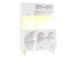 Buffet haut de cuisine blanc, meuble de rangement avec éclairage led, prises usb, panneau perforé et tiroirs, 120x40x176cm
