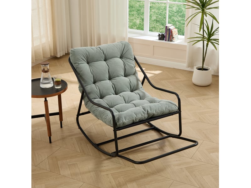  Fauteuil à bascule extérieur en métal noir avec coussin épais vert clair, mouvement réglable et corde fixe  - Conforama B