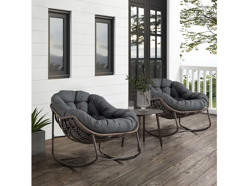 Fauteuil à bascule extérieur en résine tressée gris foncé avec coussin - Conforama D